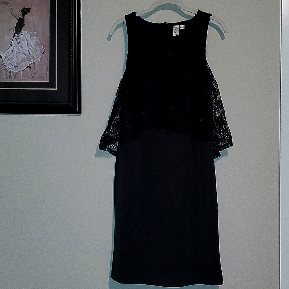 Emma & Michelle Black Sleeveless Dress with high-low lace Overlay, Size 6